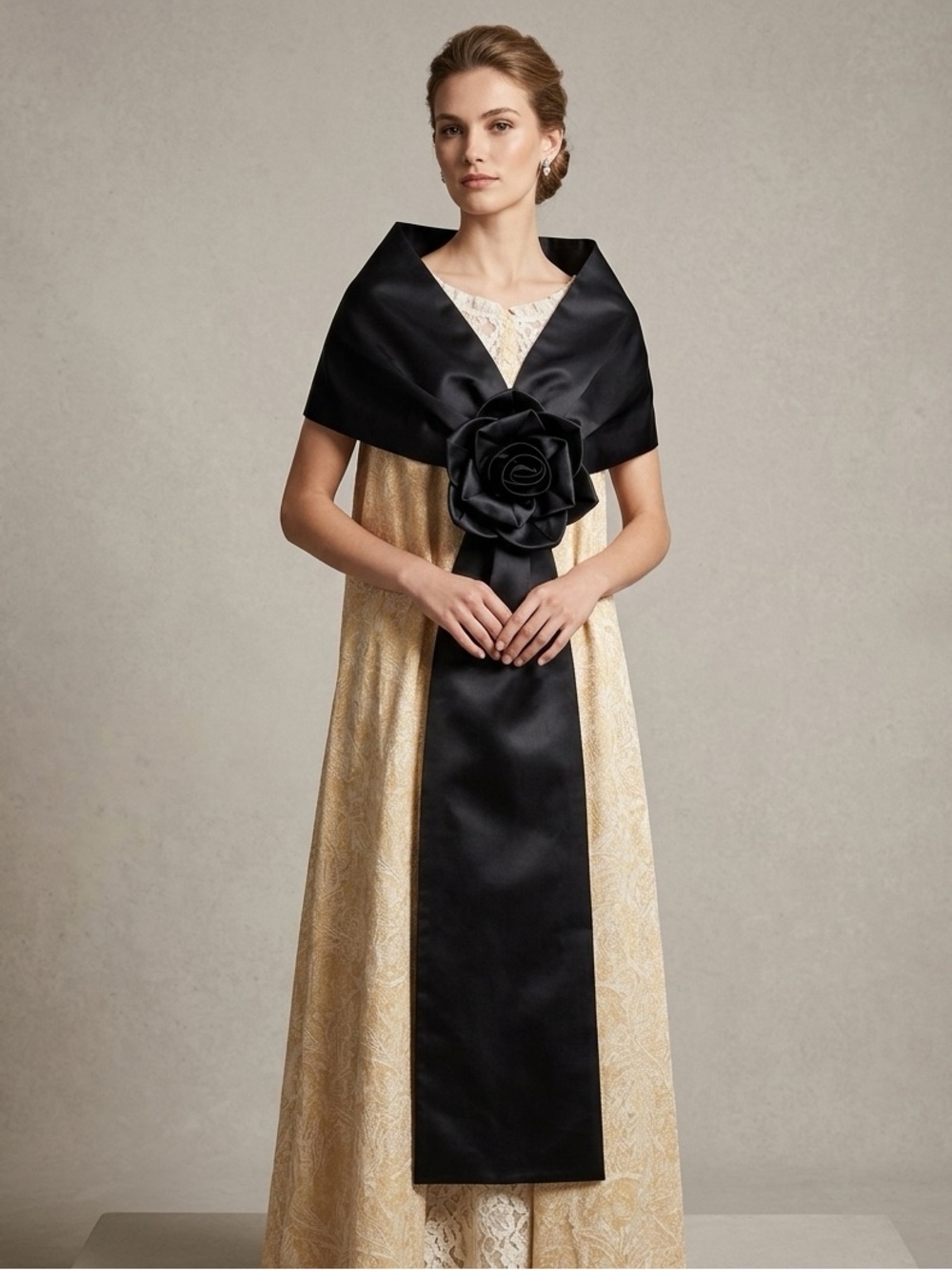 Luisa Spagnoli Black Satin Shawl with Rose Accent